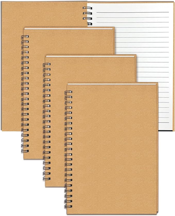GINMLYDA 4Pack Small Spiral Notebook A5, 8.25x5.5โ 120 Lined Pages Wide Ruled Spiral Journal Bulk Blank Kraft Cover Spiral Bound Notebook & Writing Pads for Home Office Meeting Work Note Taking