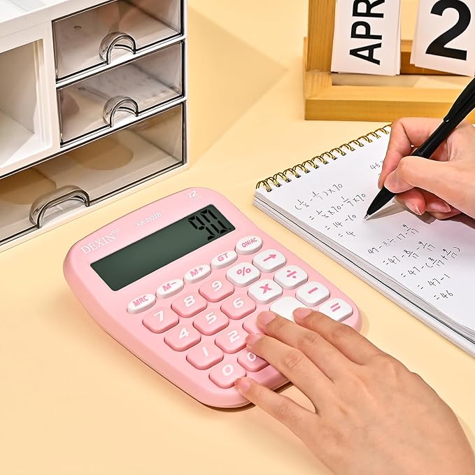 Cute Calculators Desktop, 12 Digit Basic Calculator with Big Buttons, Aesthetic Desk Accessories Large LCD for Office School Supplies (Pink)