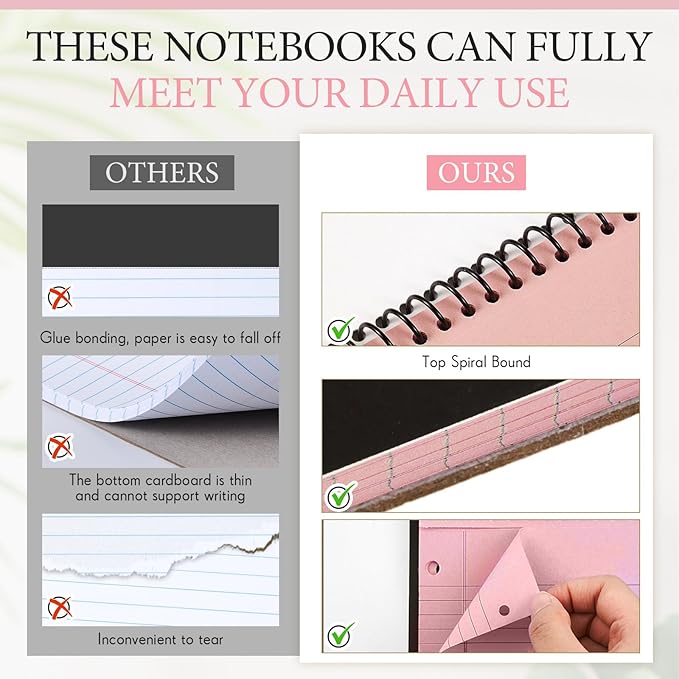 3 Packs 8.5" x 11" Top Spiral Notebook with 3 Hole Punched Legal Pads College Ruled Notepad 50 Sheets Hard Cardboard Paper Wirebound Notepad for Office School Business (Pink)