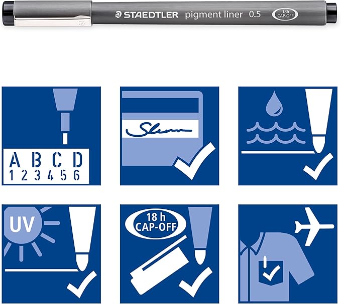 STAEDTLER Pigment Liner Pack, Black, 3 Pens, Assorted Line Widths 0.05mm/0.2mm/0.8mm, 308-9SBK3