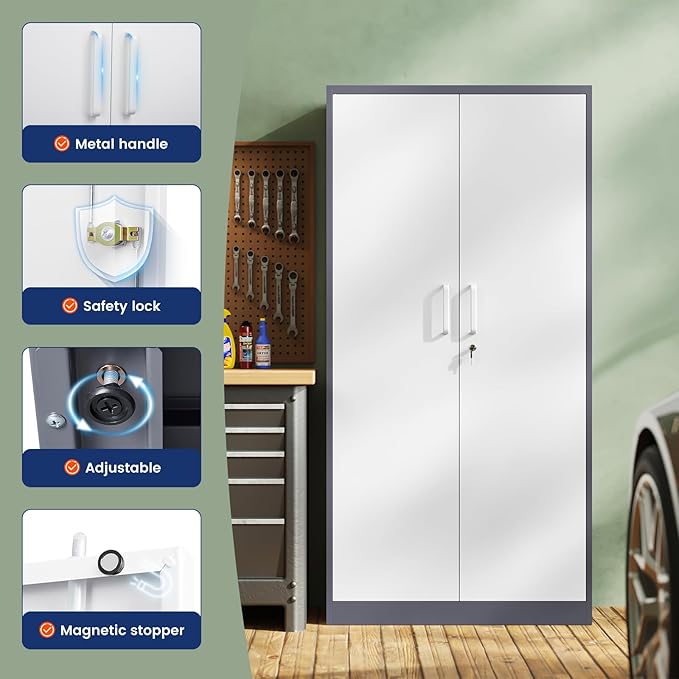 Yizosh Metal Garage Storage Cabinet with 2 Doors and 5 Adjustable Shelves - 71" Steel Lockable File Cabinet,Locking Tool Cabinets for Office,Home,Garage,Gym,School (Gray White)