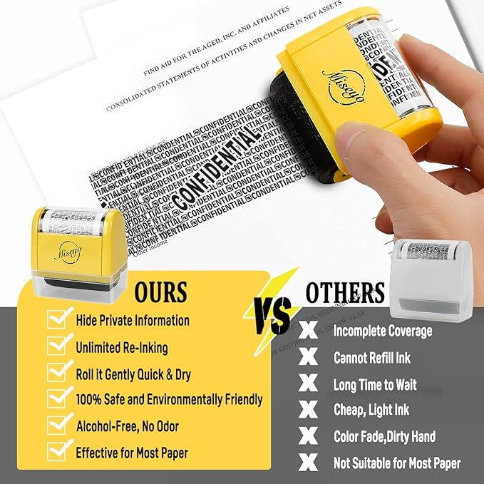 Miseyo Wide Roller Stamp Identity Theft Stamp 1.5 Inch Perfect for Privacy Protection - 3Pack Set (Yellow)