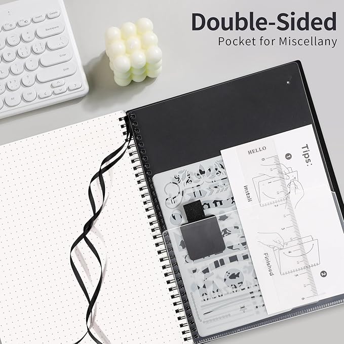 AHGXG Bullet Dotted Journal - Dot Grid Spiral Notebook 8.5" x 11", A4 Large Dotted Notebook, 100 GSM Thick Paper, Waterproof Plastic Cover Journals for Bullet Journaling, Sketching, Black