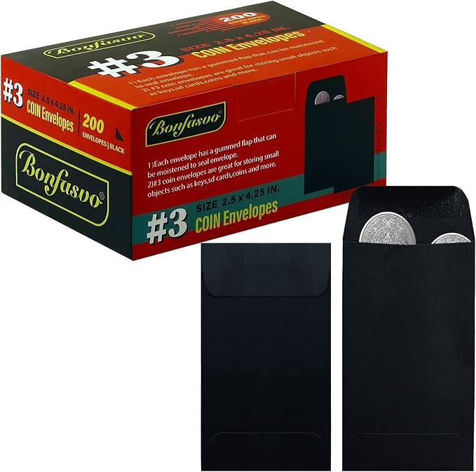 200 Pack #3 Black coin envelope 2.5 x 4.25 inches Kraft Envelopes Classic Small Parts Envelopes with Self Adhesive Gummed Flap for Coins Cash Credit Cards Seeds