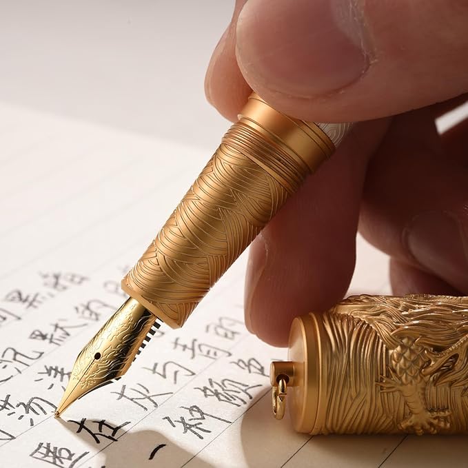 Hongdian A24 Fountain Pen Fine Nib, Bright Red & Golden Dragon Stereoscopic Carving Cap Design