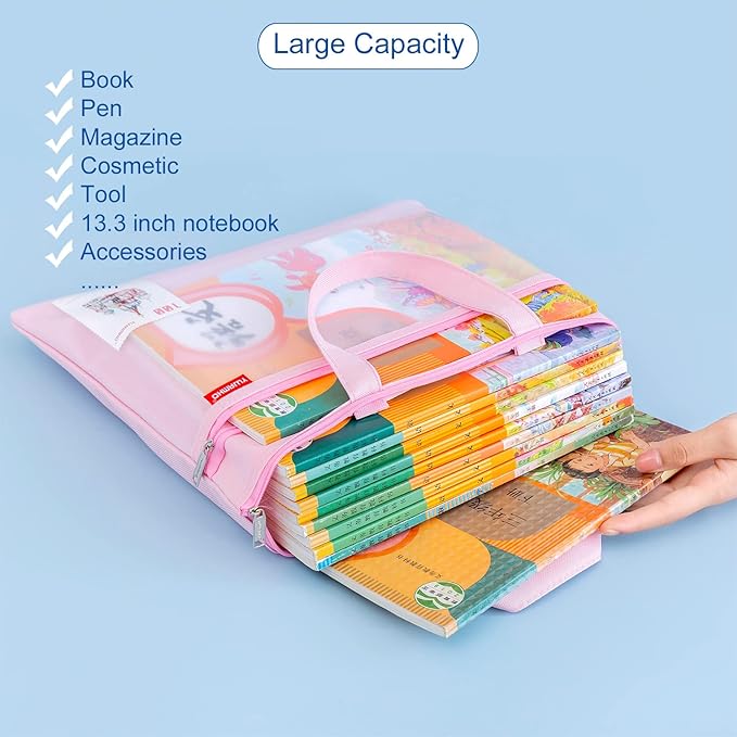 pendancy Mesh Zipper Pouch 11x13.7 in, Large Double Pocket Waterproof File Bag with Handle, A4 Size Foldable Document Storage for Puzzle Project/Cross Stitch/Travel/Office(Pink)