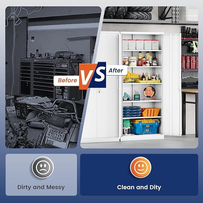 Yizosh Metal Storage Cabinet with Locking Doors and 5 Adjustable Shelves,- 72" Garage Storage White Steel Lockable File Cabinet for Office,Home,Garage