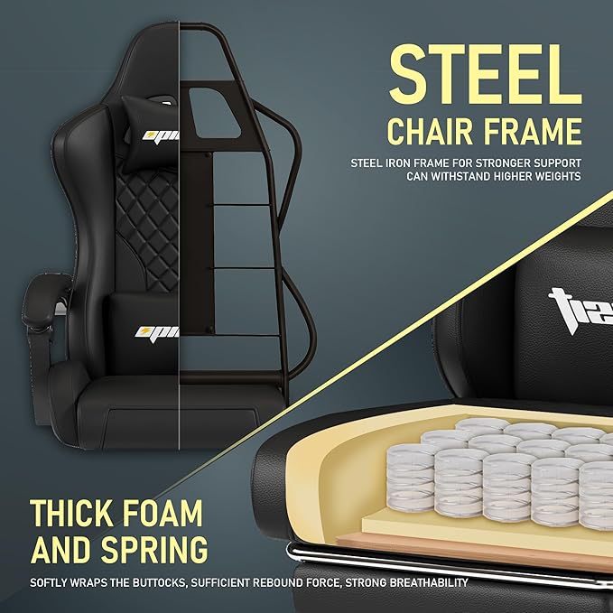 Gaming Chair,Ergonomic Computer Chairs for Adults with Footrest, PU Leather Office Chair with Adjustable Lumbar Support & Pocket Spring Cushion - Heavy Duty 400lb Capacity Gamer Chair(Black)