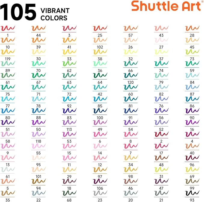 Shuttle Art Dual Tip Brush Marker Pens, 105 Colors Fine and Brush Tip Markers Set in Portable Case with 1 Coloring Book for Kids, Water-based Ink Adult Artist Coloring Calligraphy Journal Doodling