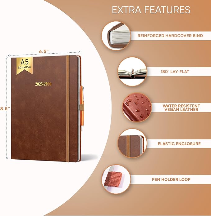 Ensight 2025-2026 HARDCOVER Leather Planner Weekly & Monthly - 6.5x8.5 Inches - Academic Planner Business Personal or Student - Pen Holder, Thick Paper, July 2025 - June 2026 (Brown)