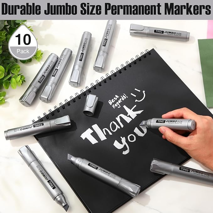Fuutreo 10 Pack Jumbo Permanent Markers Bulk Large Chisel Tip Permanent Markers Quick Drying Waterproof Big Huge Poster Pens for Office, Logistics Company and More(Silver)
