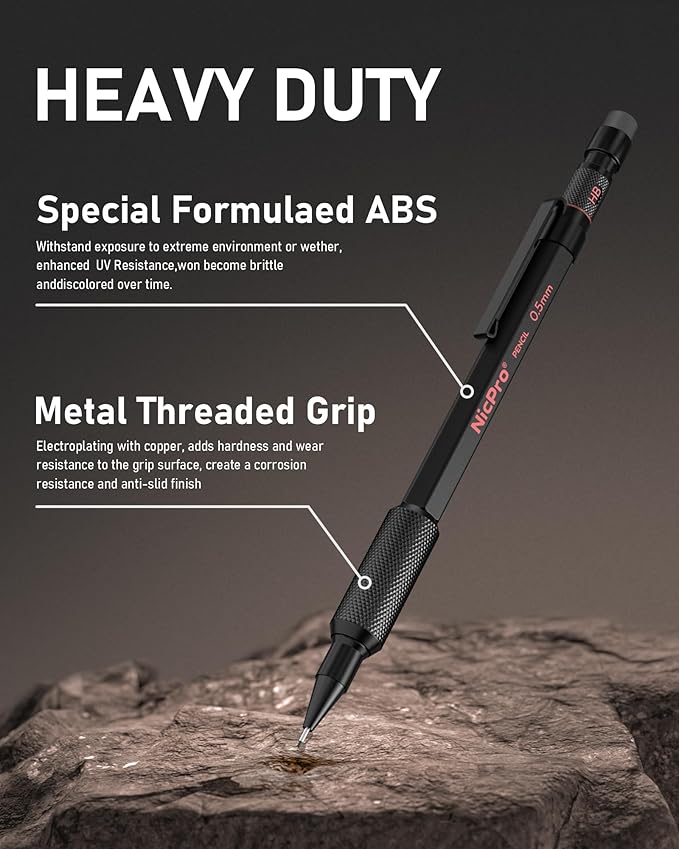 Nicpro 0.5 mm Mechanical Pencil Set with Case, 3PCS MP2000 Metal Artist Mechanical Pencil With 6 Tube HB Lead Refills, Eraser, Weatherproof Barrel for Outdoor Writing Drafting Drawing Sketching