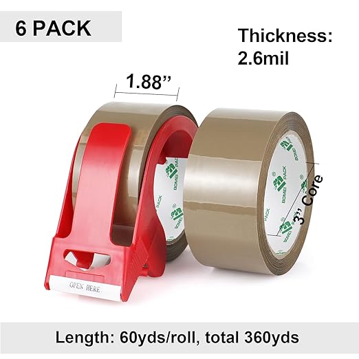 BOMEI PACK Brown Packing Tape with Dispenser, 2.6 Mil 1.88 Inch x 60 Yards, 6 Refills Rolls Moving Tape for Box Packaging, Shipping and Storage