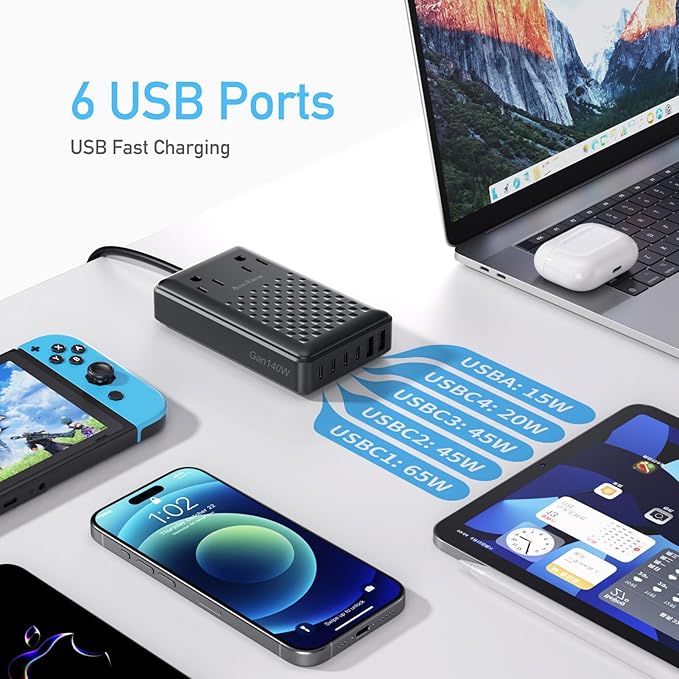 Charging Station 140W USB C Charger Block, Upgraded GaN III 8-in-1 Fast Charging Station Hub,PD 65W Laptop Charger Adapter Compatible with Compatible with MacBook Air/Pro,iPhone16/15,Galaxy S24 etc
