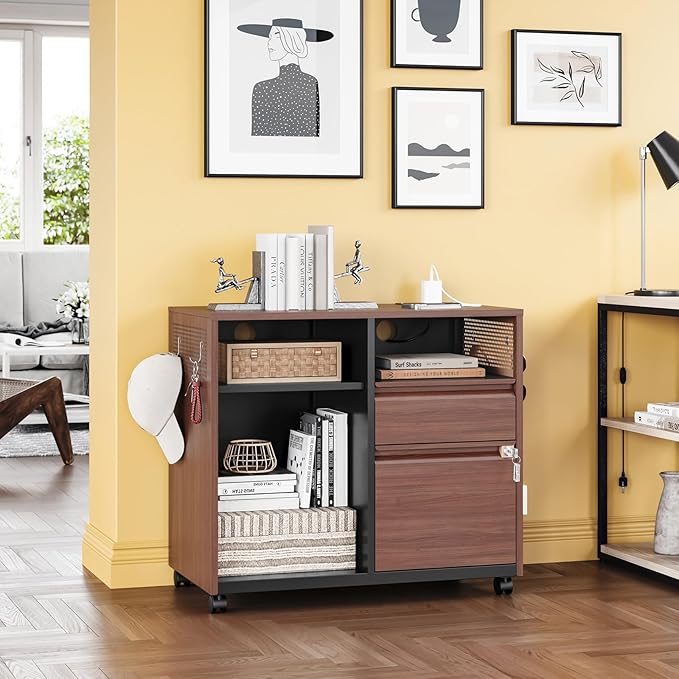 Mobile 2 Drawer File Cabinet,Metal File Cabinet with Lock,Lateral Printer Stand Filling Storage Cabinet for Home Office-A4/F4/Letter(Charging Socket)