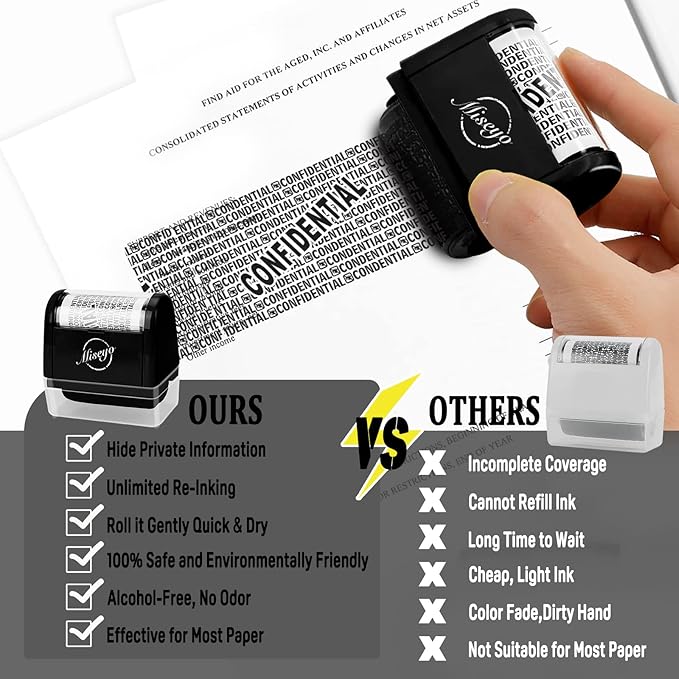 Miseyo Wide Roller Stamp Identity Theft Stamp 1.5 Inch Perfect for Privacy Protection - Black