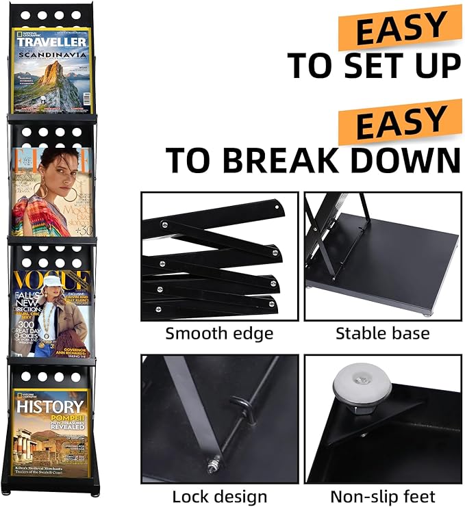 4 Pockets Folding Magazine Rack,Floor Metal Black Literature Rack with Case Brochure Stand Literature Stand Catalog Holder Stand Flyer Display Stand for Trade Show Exhibition Office Retail