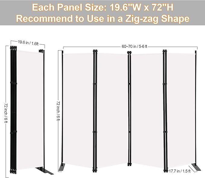 MAYOLIAH 4 Panel Room Divider Screen 6Ft Tall Foldable Privacy Dividers Indoor Wall Partition Room Separator White