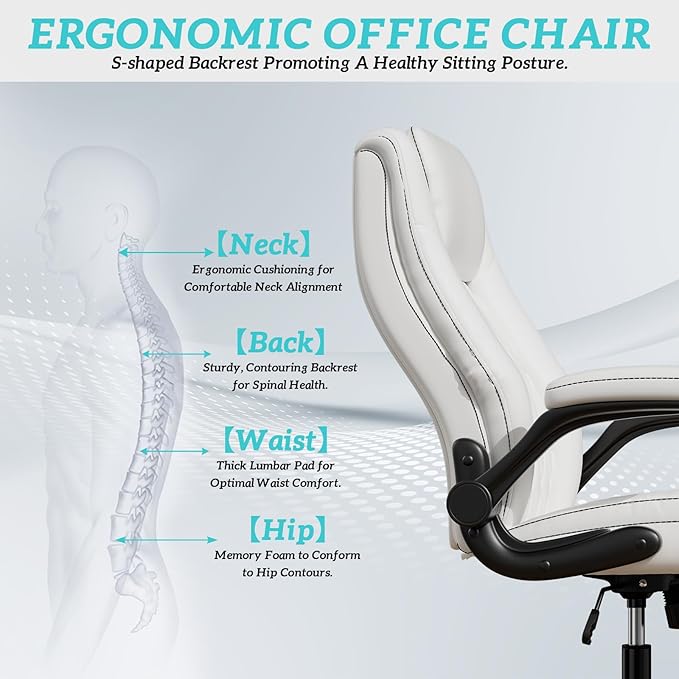 GYI O205P High Back Executive Office Chair, Big and Tall Office Chair 400LBS with Rubber Wheels,Ergonomic Adjustable Computer Desk Chairs with Padded Flip-up Armrests,Lumbar Support (White)