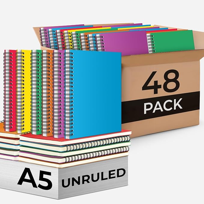 Blank Spiral Notebook, 48 Pack, 5.8 x 8.3, 120 Pages (60 Sheets), 100 GSM Unlined Drawing Notebooks, Assorted A5 Journals, No-Bleed, Sketching, Note Taking, Blank Journals for Office & School