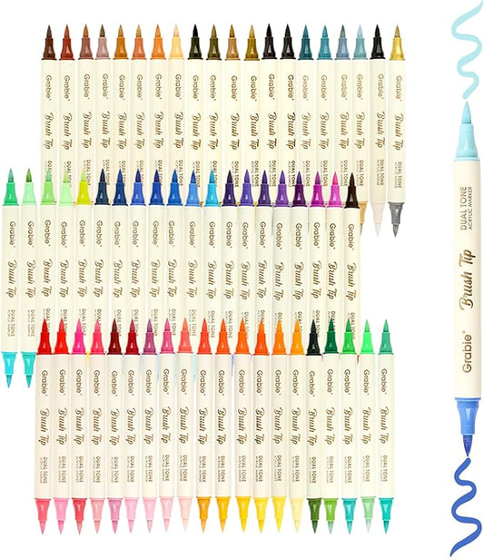 Grabie 120 Colors Dual Tone Brush Tip Acrylic Markers, Dual-Color Paint Markers with 60 Brush Tips, Double Tipped Acrylic Paint Pens for Fabric, Canvas,DIY, Canvas Art Supplies