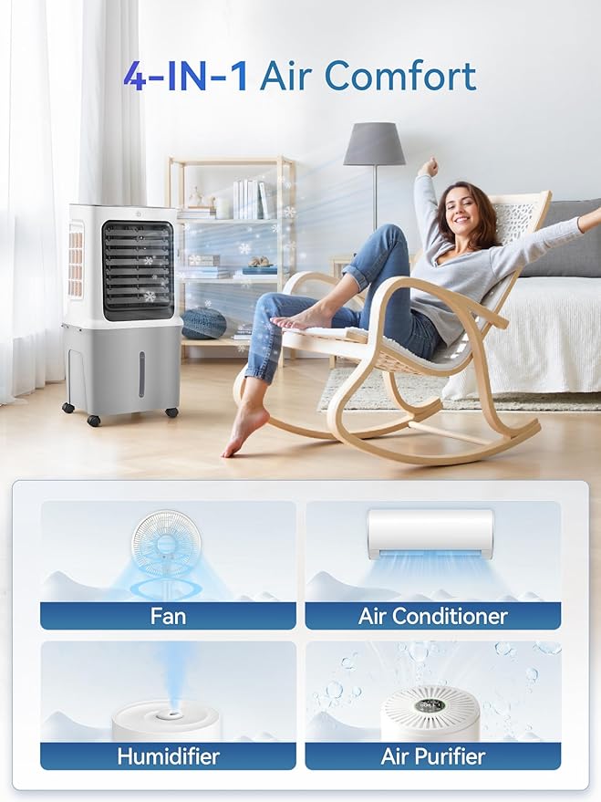 10 Gal Evaporative Air Cooler, 3000CFM Quiet Portable Air Conditioners, 35" Fast Cooling Swamp Cooler, 120° Oscillation, 12H Timer, 3 Speeds & Modes Remote Control for Living Room|Bedroom|Garage