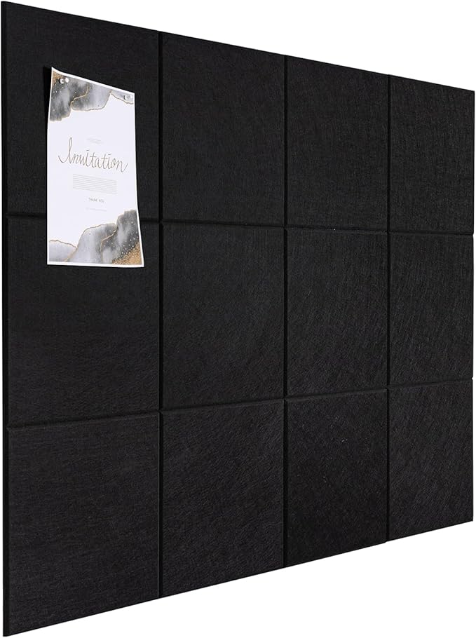 Large Cork Board Alternative, 12 Pack Felt Board with Safe Removable Adhesive Tabs Felt Wall Tiles, Large Cork Boards for Walls, Cork Board for Home Office, Pin Boards for Walls, Black
