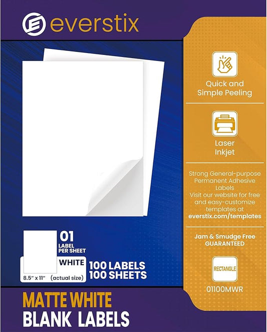 8.5" x 11", 100 Sheets, 100 Printable White Sticker Paper, Full Sheet Shipping Labels for Laser & Inkjet Printers, Letter Size