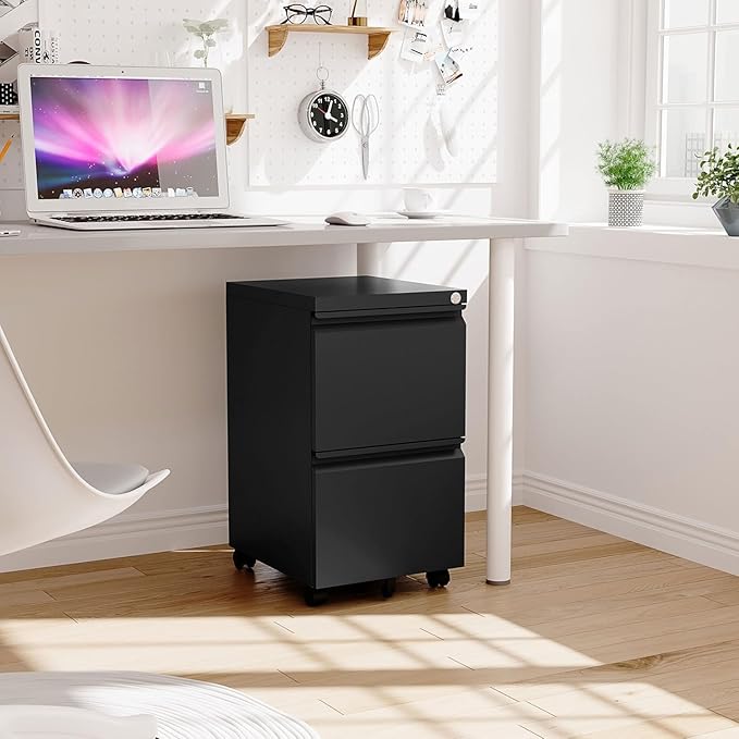 2 Drawer Metal File Cabinet with Lock, Rolling File Cabinets with Lock for A4/Legal/Letter Size, Under Desk Filing Cabinet for Home Office Assembly Required(Black)