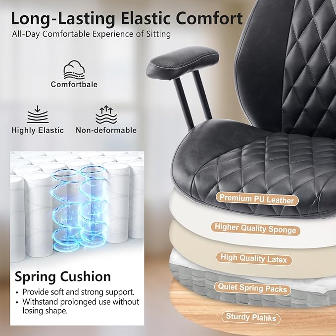 YFO Home Office Desk Chair Office Rubber Casters Ergonomic Computer Chair with Lumbar Support Adjustable Height Rolling Swivel Executive Task Armrests Chair๏ผ Black PU