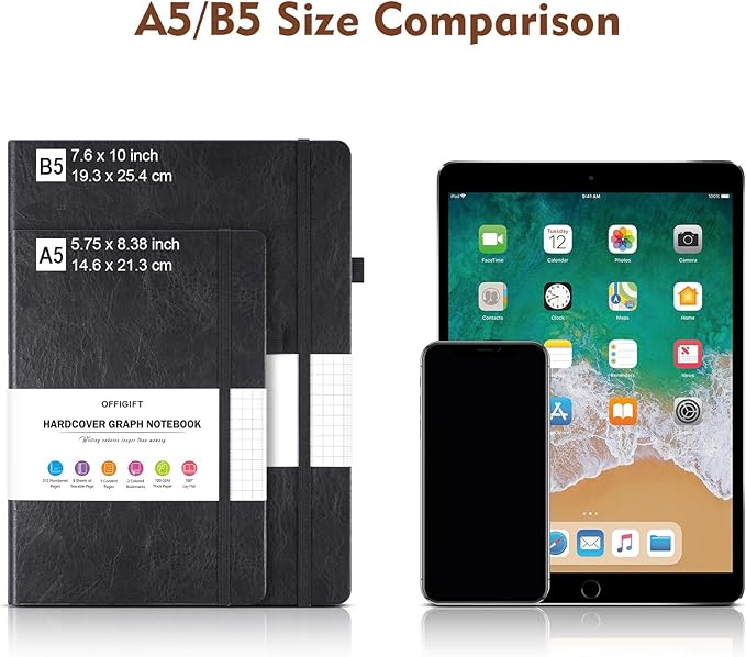 Graph Paper Notebook, 312 Numbered Pages Large A4 Hardcover Leather Journal, 100gsm No Bleed Grid Paper Notebook with Index Pages, Squared Grid Notebook for Graphing Notes Math, 8.5'' × 11'', Brown