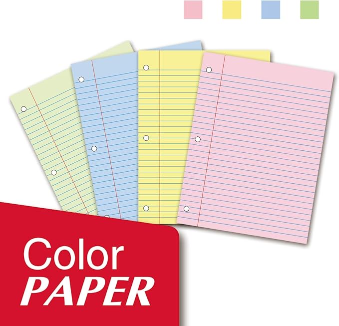 Kaisa Filler Paper Colored loose Leaf Paper, Wide Ruled 8x10.5in Colored Paper, 3-Hole Punched for 3-Ring Binders,100Sheets/pack 4Packs, FC10001W