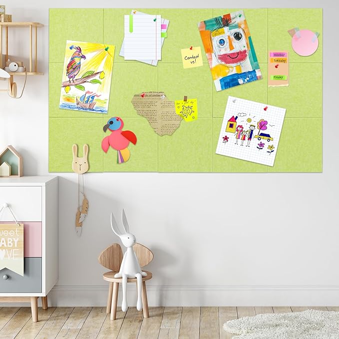Large Cork Board Alternative, 12 Pack Felt Board with Safe Removable Adhesive Tabs Felt Wall Tiles, Large Cork Boards for Walls, Cork Board for Home Office, Pin Boards for Walls, Green