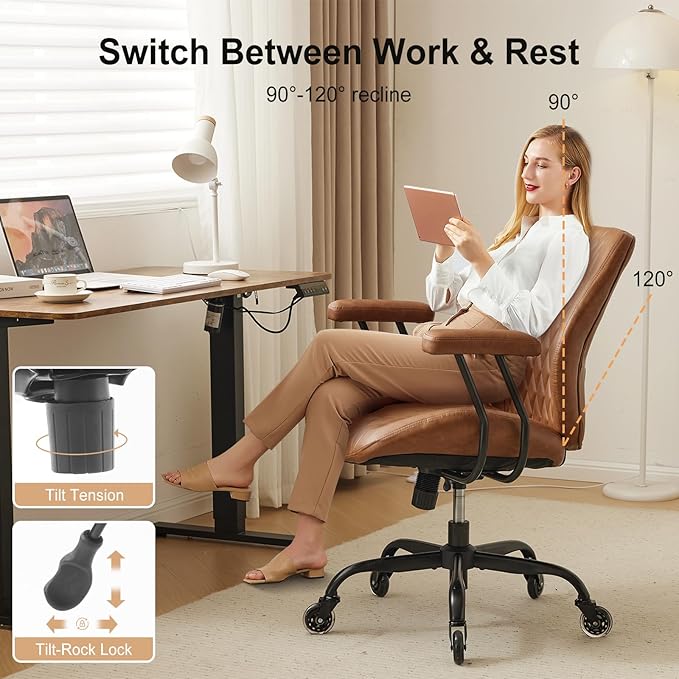 YFO Home Office Desk Chair Office Rubber Casters Ergonomic Computer Chair with Lumbar Support Adjustable Height Rolling Swivel Executive Task Armrests Chair๏ผ Brown Leather