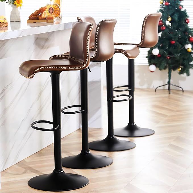 HeuGah Swivel Bar Stools Set of 4, Counter Height Bar Stools with Back, Adjustable Bar Stools 24" to 32", Brown Faux Leather Bar Chairs for Kitchen Island (Brown, Set of 4 (24'' to 32''))
