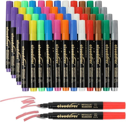 cloudriver Metallic Marker Pens, 48 Count, 12 Assorted Colors, Fine and Chisel Tip, Metallic Marker Pens For Black Paper, Art Rock Painting, Easter Egg, Card Making, Scrapbook Crafts