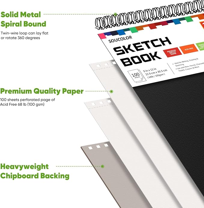 Soucolor 9" x 12" Sketch Book, 4-Pack 100 Sheets Spiral Bound Art Sketchbook, Acid Free (68lb/100gsm) Artist Drawing Book Paper Painting Sketching Pad