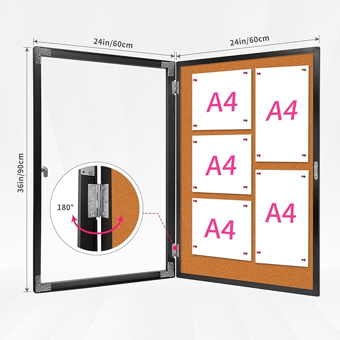 Outdoor Enclosed Bulletin Board, Weatherproof Cork Noticeboard with Clear Acrylic Locking Door, Wall-Mounted Black Aluminum Framed Display Case,36x24in (5xA4)