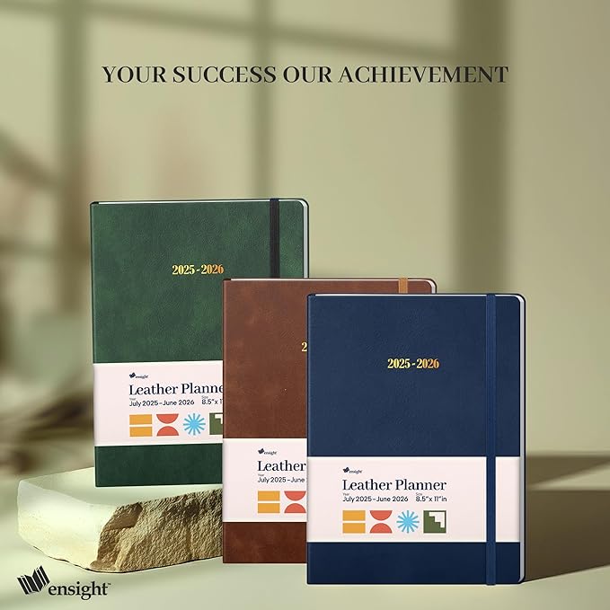 Ensight 2025-2026 HARDCOVER Leather Planner Weekly & Monthly - 8.5x11 Inches - Academic Planner Business Personal or Student - Pen Holder, Thick Paper, July 2025 - June 2026 (Black)