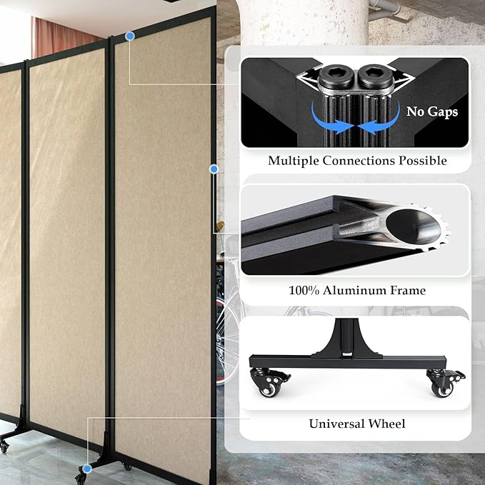 Upgrade Version Room Partition and Divider, Freestanding Rolling Dividers with Wheels,Office Privacy Screen Divider Wall,Classroom Felt Dividers,12'2"L* 6'7"H,6 Panel,Beige