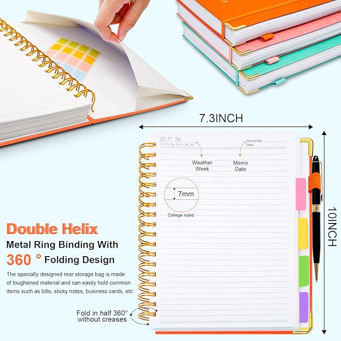 Hardcover Spiral Notebook 8"x10" Journal Notebook with Tabs and Removable Dividers 300 Pages 5 Subject Notebook College Ruled, Faux Leather Spiral Bound Notebook for Women, Students, School Work (Orange)