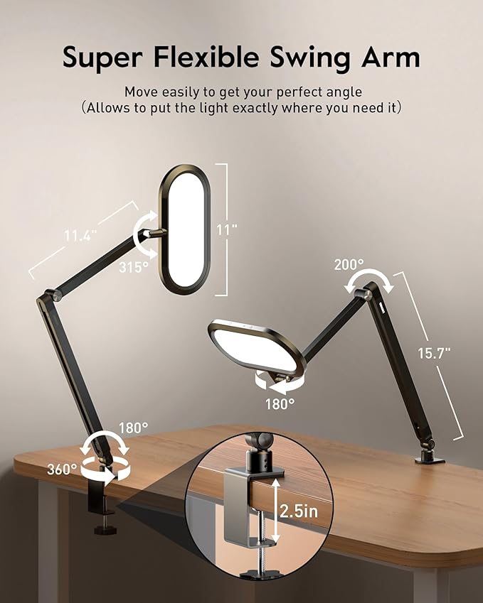 Desk Lamp for Home Office, Eye-Care Dual-Sided Seamless Dimmable LED Desk Light with Knob Remote, Adjustable Arm Clamp Computer Lighting for Video Conference Recording, Zoom Call, Task, Stream