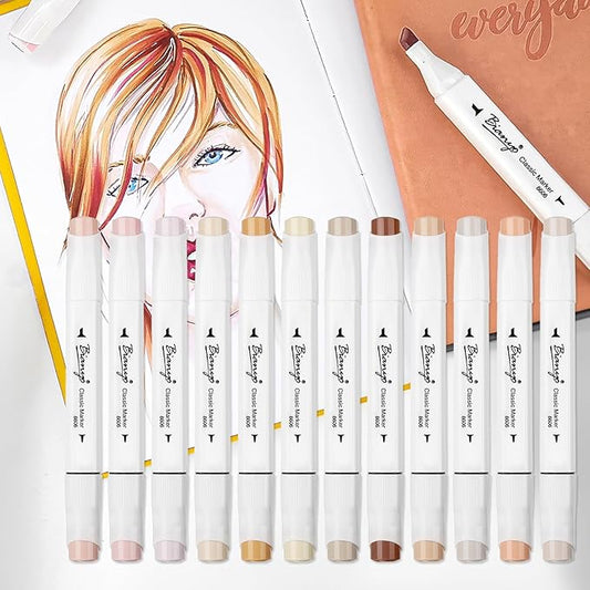 Bianyo Skin Tone Alcohol Markers, Set of 12, Dual Tip Bullet & Chisel Art Marker Set for Coloring, Drawing, Sketching, Outlining, Highlighting, Designing