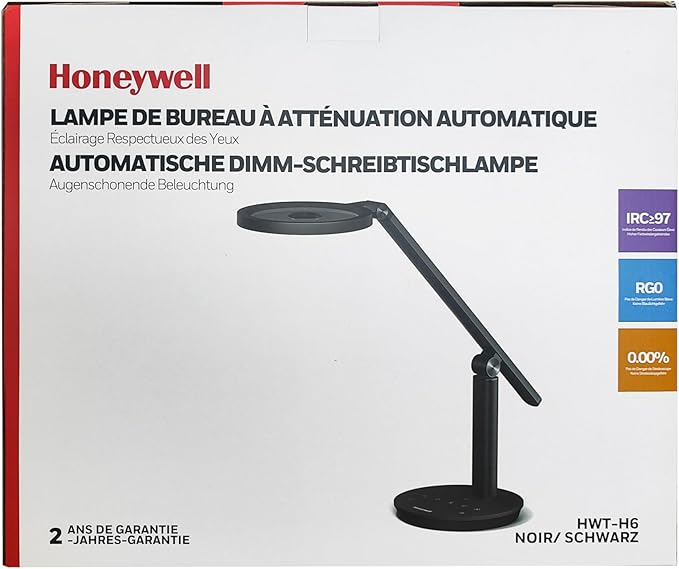 Honeywell Desk Lamp for Home Office, H6 Sunturalux™ Eye-Caring Led Desk Light, 800LM Dimmable Desk Lamp with Timer, Touch Control Tall Desk Reading Light, Table Lamp for Circle Webcam, Study, Bedroom
