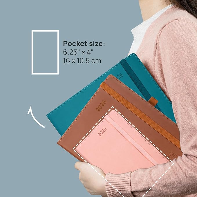 POPRUN Pocket Calendar 2026 (Small Size- 4'' x 6.25") Weekly and Monthly for Purse - Planner 2026 (Jan. 2026 - Dec. 2026) with Vegan Leather Soft Cover, Plastic Ruler, Pen Holder and More - Purple