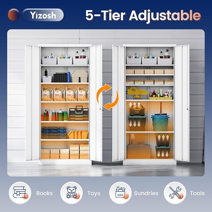 Yizosh Metal Garage Storage Cabinet with 2 Doors and 5 Adjustable Shelves - 71" Steel Lockable File Cabinet,Locking Tool Cabinets for Office,Home,Garage,Gym,School (White)