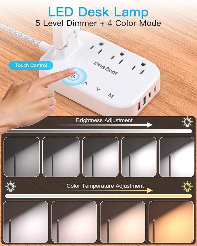 Power Strip with LED Desk Lamp, 10 Ft Extension Cord with 3 Outlets 4 USB Ports(2 USBC), 4 Modes 5 Level Touch Lamp Small Desk Lamp for Home Office, Study Reading Light, Dorm Room Essentials