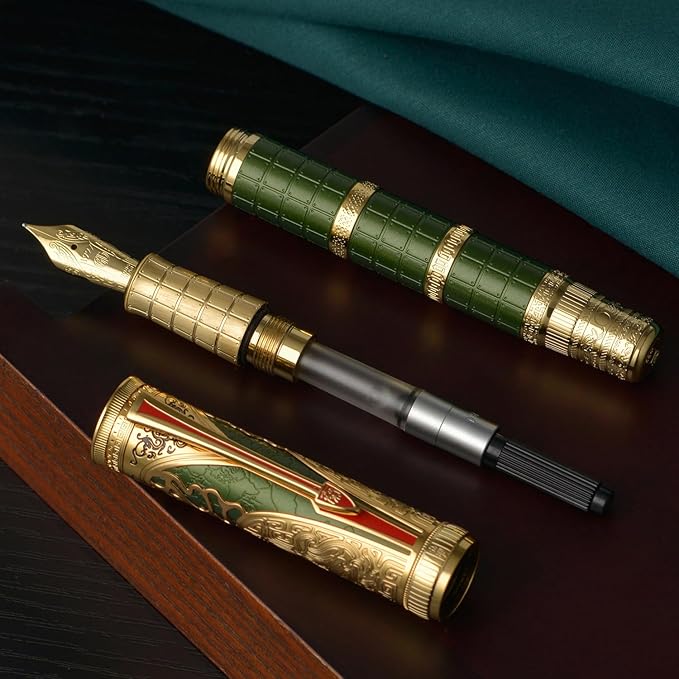 Hongdian D5X Fountain Pen - Green Qin Dynasty Writing Pen with Fine Nib and Converter Set