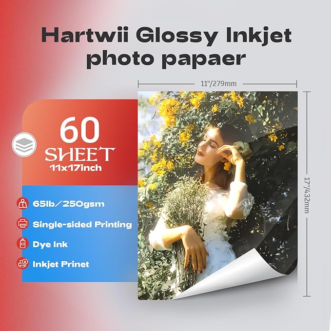60 Sheets Heavyweight Inkjet Glossy Photo Paper 11 x 17 inch 65lb 250gsm for Obituary Bulletin Gallery Show Thick for A3 Size Dye Ink Printers