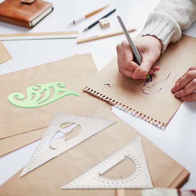 Frienda 5 Pieces Drafting Tools 12 Inch T-Square Ruler Plastic Transparent Drawing Ruler 180 Degree Protractor, 2 Triangles and a French Curve for Students and Engineering Drawing